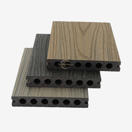 Plancher WPC composite de gaufrage de grain de bois 3D, trou rond, revêtement de sol décoratif WPC couleur teck, co-extrusion WPC pour passerelle